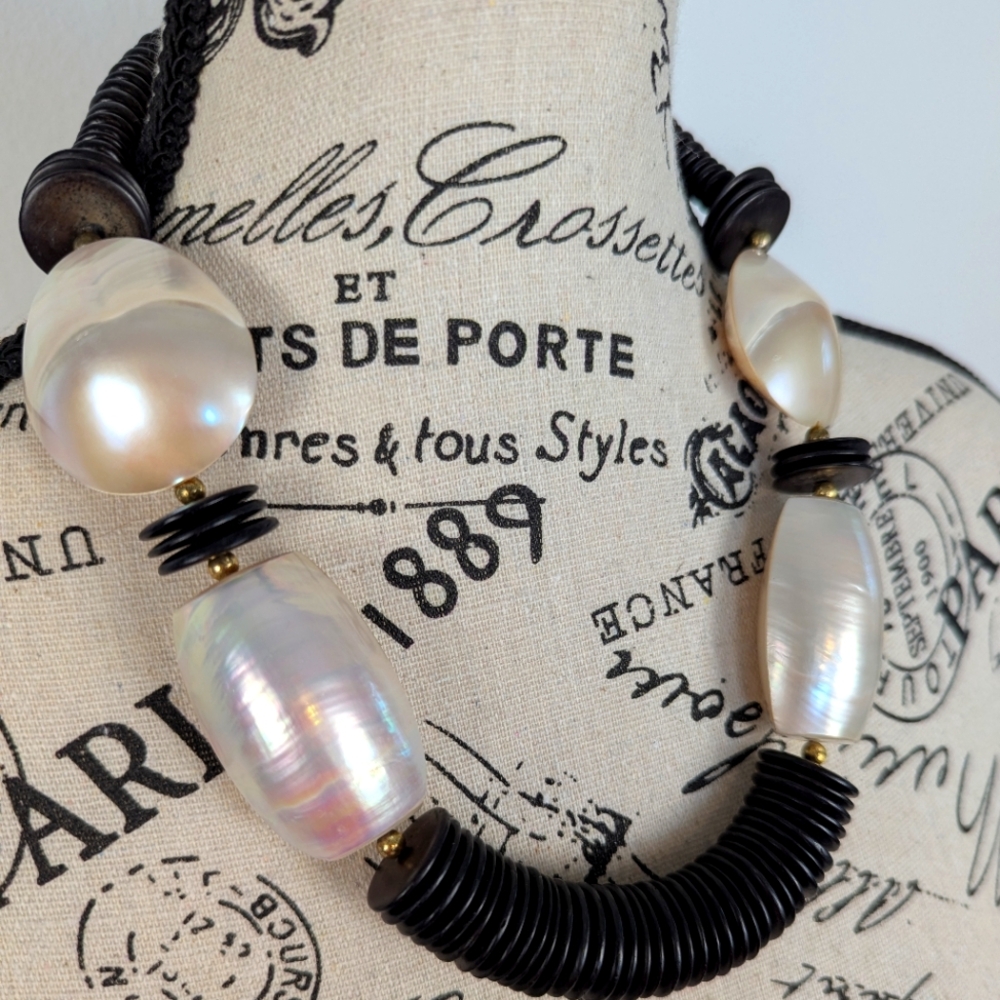 Elegant Pearl Coated and Black Bead Necklace